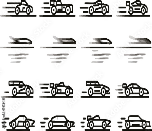 Vector art of set of racing car icons for speed and motion