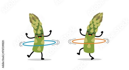 Two animated asparagus characters are happily hula-hooping, promoting a fun and healthy lifestyle.