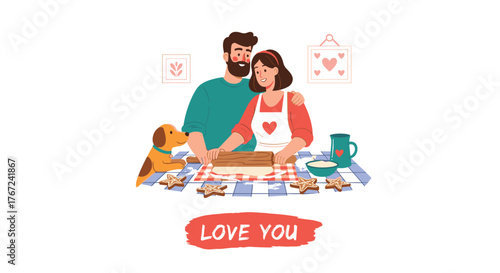 Romantic illustration of a couple baking cookies together with their dog and a loving message.