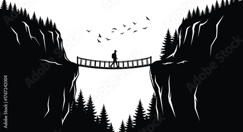 Silhouette of a lone person standing on a narrow suspension bridge between two dark cliffs with trees and flying leaves isolated on transparent background