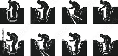 Construction worker installing underground pipes, trench inspection, plumbing maintenance, engineering repair process, utility service illustration, black and white vector concept design
