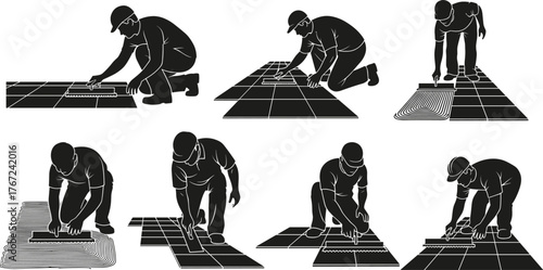 Construction worker installing ceramic tiles, flooring installation process, handyman applying adhesive, tile laying illustration, home renovation, black and white vector concept design