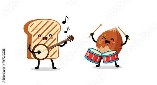 Toast playing the banjo and hazelnut playing the drums form a cute cartoon band, perfect for musical themes and food-related designs.