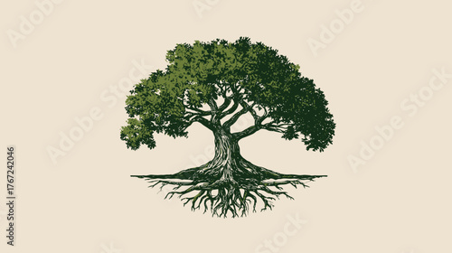 Vintage Engraved Tree Illustration with Strong Roots and Lush Green Canopy on Light Background. Symbol of Nature, Growth, Life.