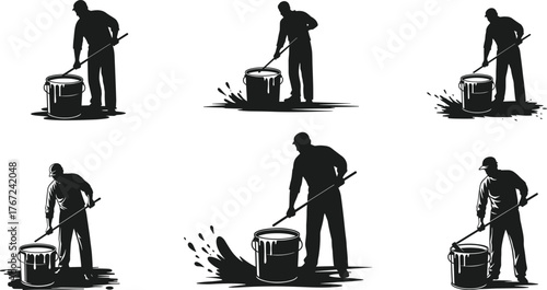 Construction worker painting with roller and bucket, industrial coating process, repair and renovation concept, black silhouette illustration, vector art design