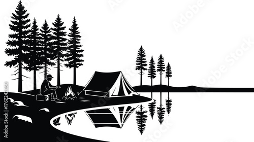 Silhouette of a lone camper sitting by a tent next to a serene lake with pine trees and reflections isolated on transparent background