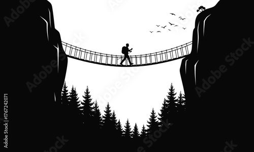 Silhouette of a lone hiker crossing a narrow rope bridge suspended between two steep cliffs over a forest isolated on transparent background