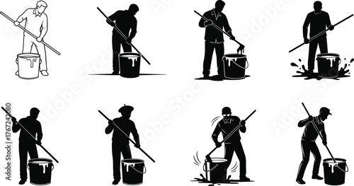 Construction worker stirring paint bucket with long stick, industrial painting preparation process, renovation and repair concept, black silhouette vector illustration