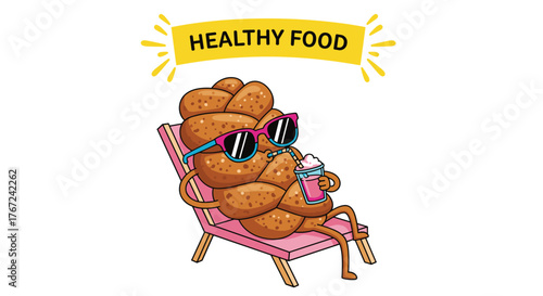 Cartoon illustration of a braided bread character wearing sunglasses, relaxing on a beach chair with a drink, under an ironic 'HEALTHY FOOD' banner.
