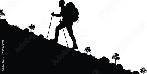 Silhouette of a hiker with a backpack and trekking poles climbing a steep mountain path isolated on transparent background