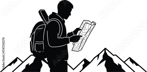 Silhouette of a hiker with a backpack and map looking at a mountain range isolated on transparent background