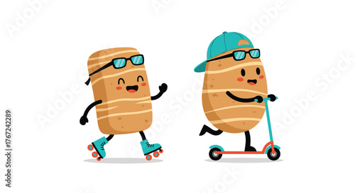 Joyful cartoon potatoes, one shaped like a tater tot roller skating and the other an oval potato riding a scooter, having a fun, active day.