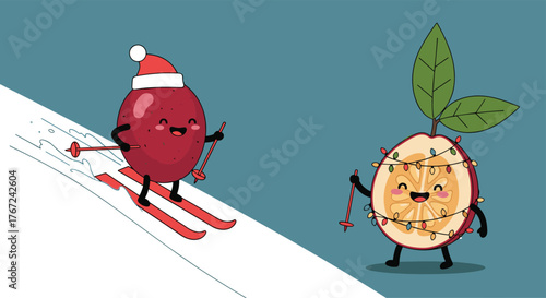 Cute cartoon fruits celebrating winter holidays, one skiing down a snowy slope, the other adorned with festive Christmas lights.