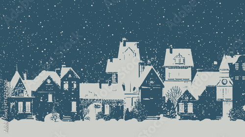 Detailed illustration of a charming snowy winter village at night with traditional houses, heavy snowfall, and cozy holiday mood.