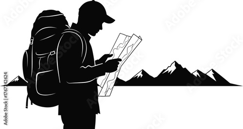 Silhouette of a hiker with a large backpack studying a map with mountains in the background isolated on transparent background