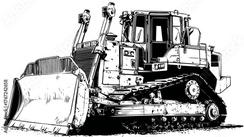 Detailed black and white sketch of a powerful bulldozer, heavy construction machinery for earthmoving and site preparation
