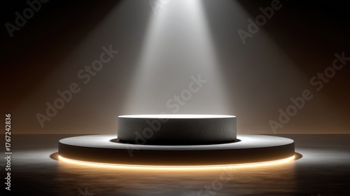 A minimalistic podium illuminated by a spotlight, featuring a sleek design and a subtle glow, creating a dramatic focal point in a dark environment.