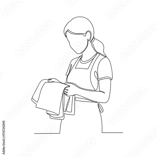 Woman folding dish towels in line art style symbolizing domestic harmony