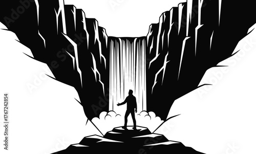 Silhouette of a lone explorer standing on rocks at the base of a majestic waterfall within a dramatic canyon isolated on transparent background