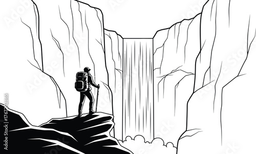 Silhouette of a lone hiker standing on a rocky outcrop overlooking a majestic waterfall in a canyon isolated on transparent background