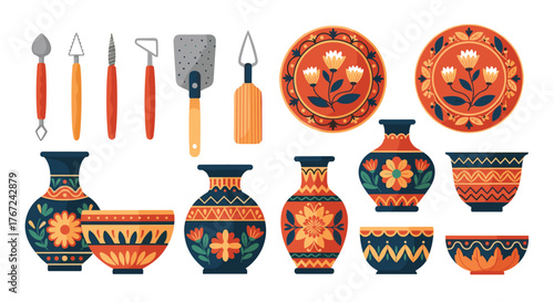 Collection of traditional pottery tools and decorative ceramic vases and plates.