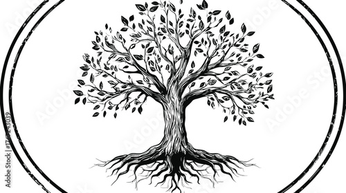 Hand-drawn vintage style tree with roots and leaves illustration in a decorative oval frame. Symbol of life, nature, growth, and strength.