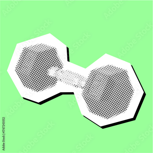 Dumbbell halftone dotted collage element pointillize in paper torn vector. Ideal for fitness, gym, and strength themes. This graphic provides a textured, retro look to a classic exercise tool.
