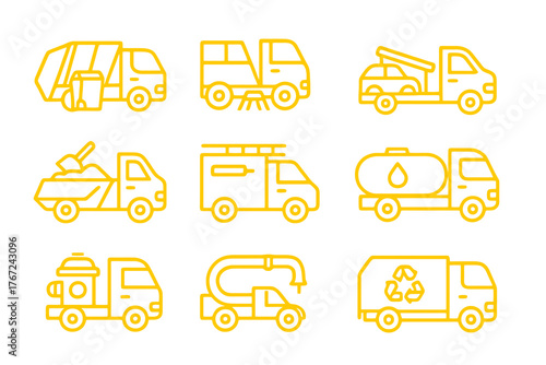 Yellow thin line vector icons of maintenance and urban service vehicles including garbage trucks, tow trucks, and sweepers, ideal for city and infrastructure design.