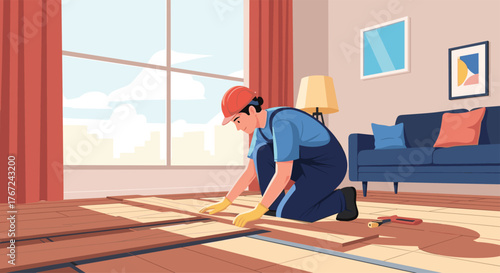 A worker installing wooden flooring in a bright and airy living room, focused and precise during the renovation project, complete with tools and safety gear.