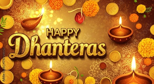 Wallpaper Mural Happy Dhanteras Wishes Gold Lamps Marigold Flowers Diwali Celebration Indian Festival Greetings Card Torontodigital.ca