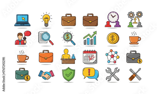 Flat Line Color Business Icons Pack. Ikon Vektor Pekerjaan, Keuangan, Analisis, dan Kolaborasi