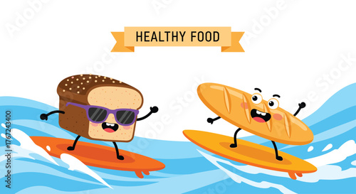 Cartoon bread loaf and baguette surfing on waves with healthy food banner.
