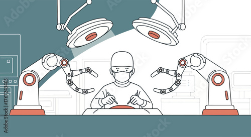 Surgeon performing robotic surgery in operating room with advanced technology and precise movements, showcasing the future of medicine.