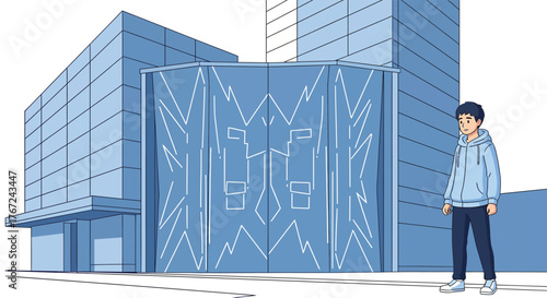 Young man standing in front of modern building with geometric patterns on glass facade in urban setting, creating a contemporary and stylish scene.