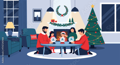 Family gathers around a table to create snow globes near a fireplace and Christmas tree.