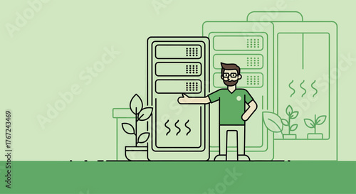Man presenting vertical farm system with plants growing indoors in a controlled environment, showcasing sustainable agriculture and modern technology.