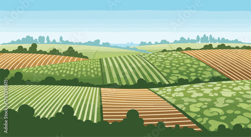 Picturesque rural landscape featuring rolling hills covered in various patterns of cultivated crops and tilled soil, under a serene blue sky.