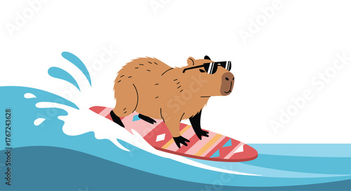 A cool capybara rides a surfboard on a wave, wearing sunglasses and enjoying the summer sun.