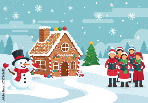 Festive Christmas Scene with Gingerbread House Carolers and Snowman.
