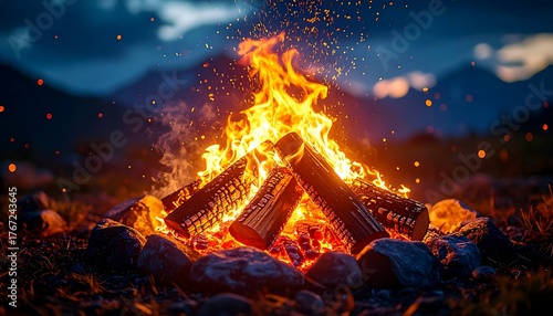 Sparkling Campfire Flames Dance Against a Majestic Mountain Silhouette at Sunset, Creating a Serene Atmosphere