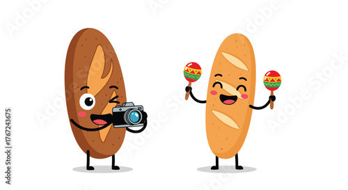 Two cartoon bread characters: one taking a photo, one shaking maracas in a lively scene with bakery and food themes.