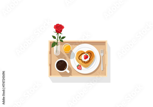 Breakfast Tray with HeartShaped Pancakes and Rose.