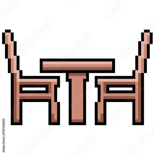 Pixel chair and table vector. Ideal for furniture, office, and interior design themes. This digital graphic is perfect for retro game or 8 bit design projects and assets related to simple home items.