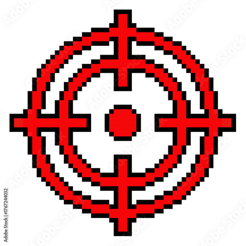 Pixel crosshair vector. Ideal for aim, target, and shooting game themes. This digital graphic is perfect for retro game or 8 bit design projects and assets related to precision and interface.