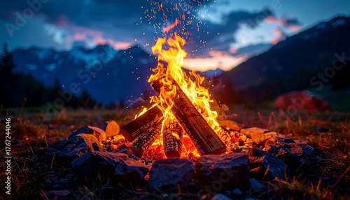 Glowing Campfire Burns Brightly Amidst a Rocky Ring, Silhouetted by Distant Mountains Under a Fading Sky
