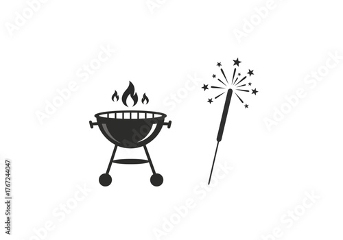 Grill and Sparkler Icon Set for Summer Celebration.