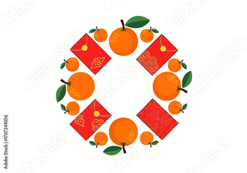 Festive Chinese New Year Frame with Oranges and Red Envelopes.