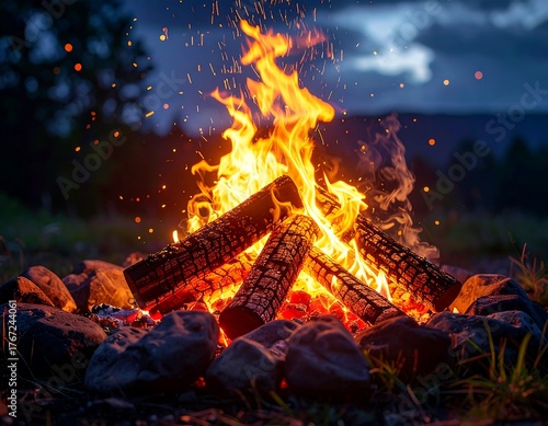 Intense Campfire Flames Illuminate the Surroundings, Set Against a Backdrop of Distant Mountains and a Moody Sky