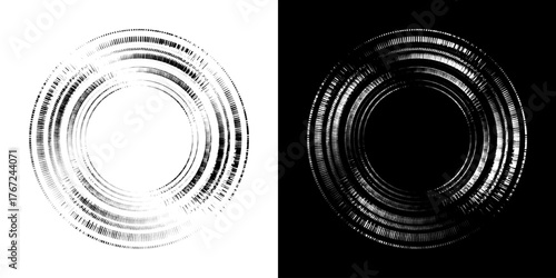 Dynamic abstract spiral sound wave rhythm lines. Circular spiral sound wave rhythm of lines. Circular futuristic abstract lines, black and white background.