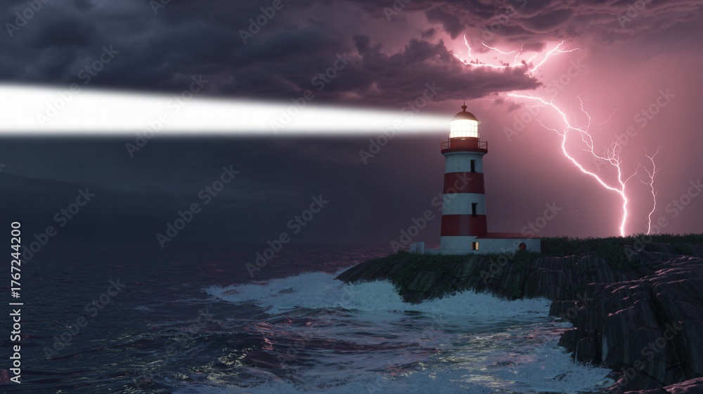 Fototapeta premium Dramatic lighthouse beacon shining during intense lightning storm